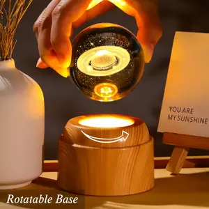 3D Saturn Crystal Ball 2.36“ Engraved with Rotated Wood Bases, Crystal Sphere Saturn Lamp Astronomy Gifts Physics Science Decor Space Gifts for Women Men