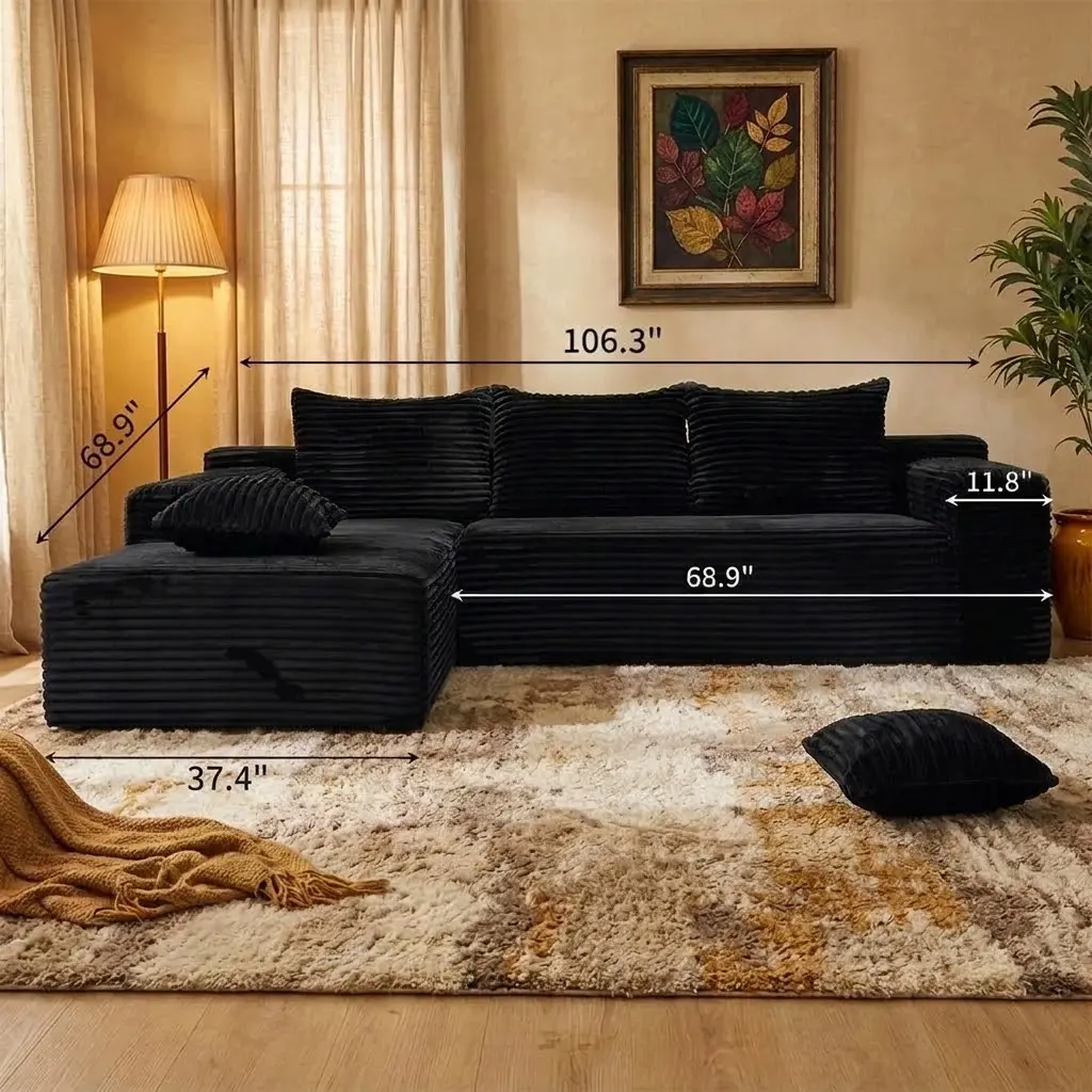 L-Shaped Boneless Sectional Cloud Couch Corduroy Velvet Modular with Chaise No Assembly Required Sofa Living room furniture