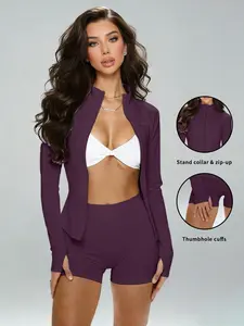 Women's Stand Collar Full Zip Thumb Hole Cuff Sports Jacket, High Stretch Slim Fit Gym Wear, Yoga Running Daily Commute Long Sleeve Top