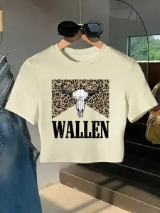 Wallenn Bull Skull Leopard Print Crop Tops for Women, Country Music Graphic Tees, Short Sleeve, Round Neck Cropped T-Shirts, Music Festivals, Rodeos, Daily Wear, Gift for Wallenn Fans, Gen Z Fashion Lovers