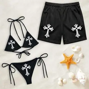 Black Cross Matching Couple Swimwear Set, Gothic White Cross String Bikini & Mesh Swim Trunks, Fun Gift for Couples Vacation Matching Couple Swimwear Set