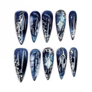 Gothic Stiletto Press On Nails: 3D Silver Cat Eye Punk Rock Nail Art