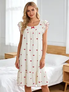 Women's dress and nightgown, featuring small flying sleeves, bowknots, and cherry pattern prints. A loose and essential loungewear for everyday, making it a must-have pajama set for New Year gifts and Valentine's Day Nightwear