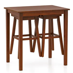 COSTWAY - 3-Piece Bar Table Set with Pub Table and 2 Saddle Stools-Espresso