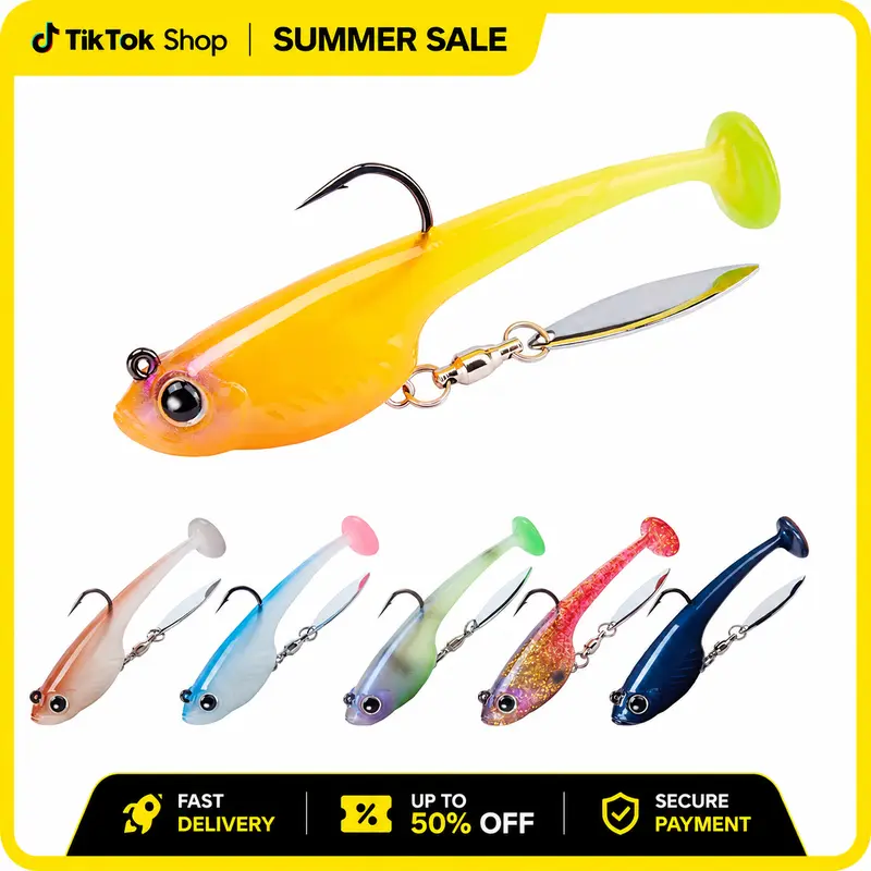TRUSCEND TPE Body Pre-Rigged Fishing Lure with Fishing Hook - 0.4oz, 2.4in Length Tadpole Bait, 360° Spinner Blade, 3D T-Shaped Soft Tail, Fluorescent and Glow-in-the-Dark Spots, Durable, Long Cast, Fresh/Salt Water Gear for Adult Fishermen (Gift Option)