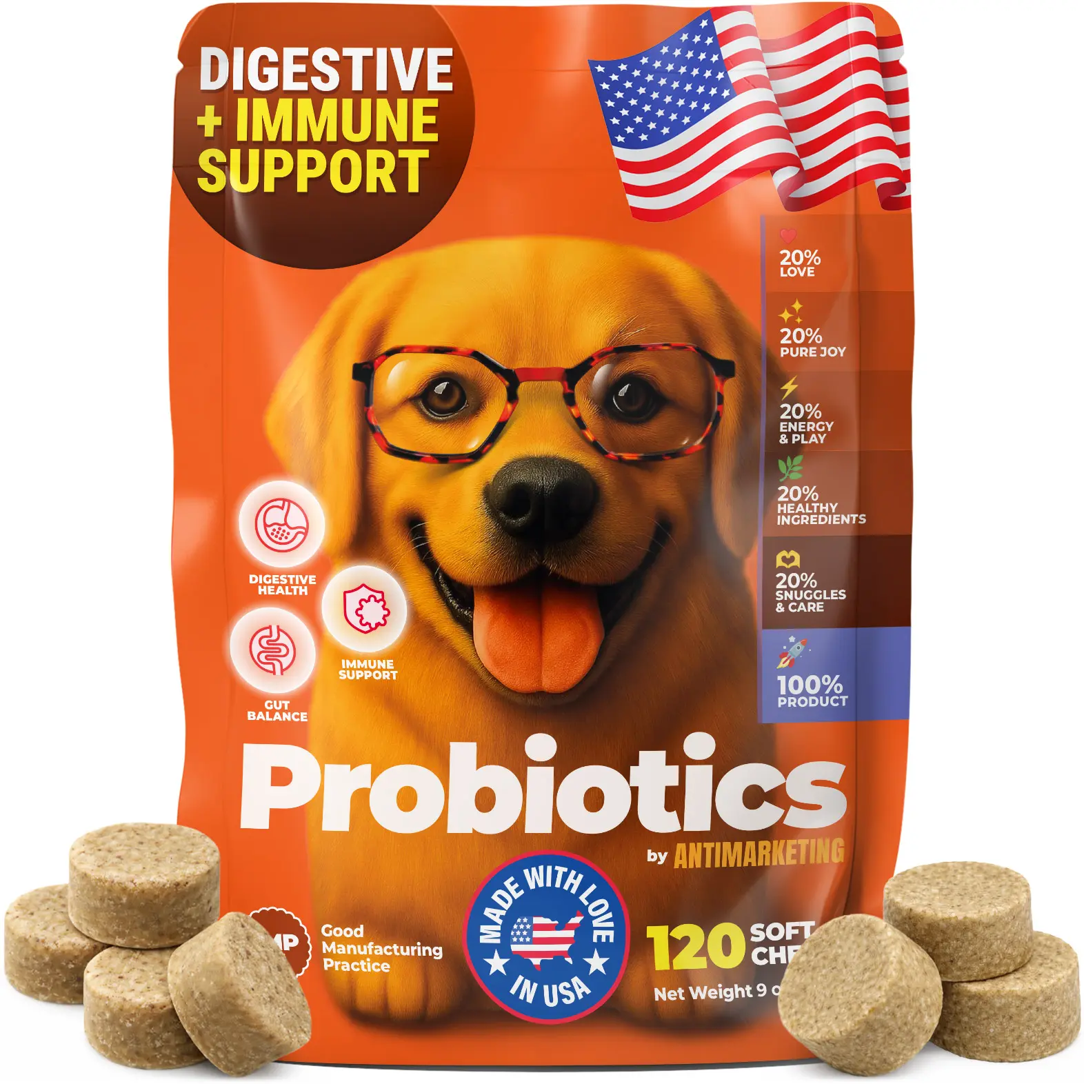 Dog Probiotics Soft Chews for Dogs | Digestive & Gut Balance, Immune Support | 6-Strain Probiotic Blend (500M CFU), Pumpkin & Papaya, Gluten-Free | 120 Chews | Beef Flavor | Made with Love in USA | Antimarketing Lab
