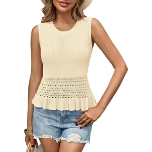 Imily Bela Womens Crochet Crop Tank Tops Sleeveless Crew Neck Ruffle Summer Boho Knit Sweater Vest