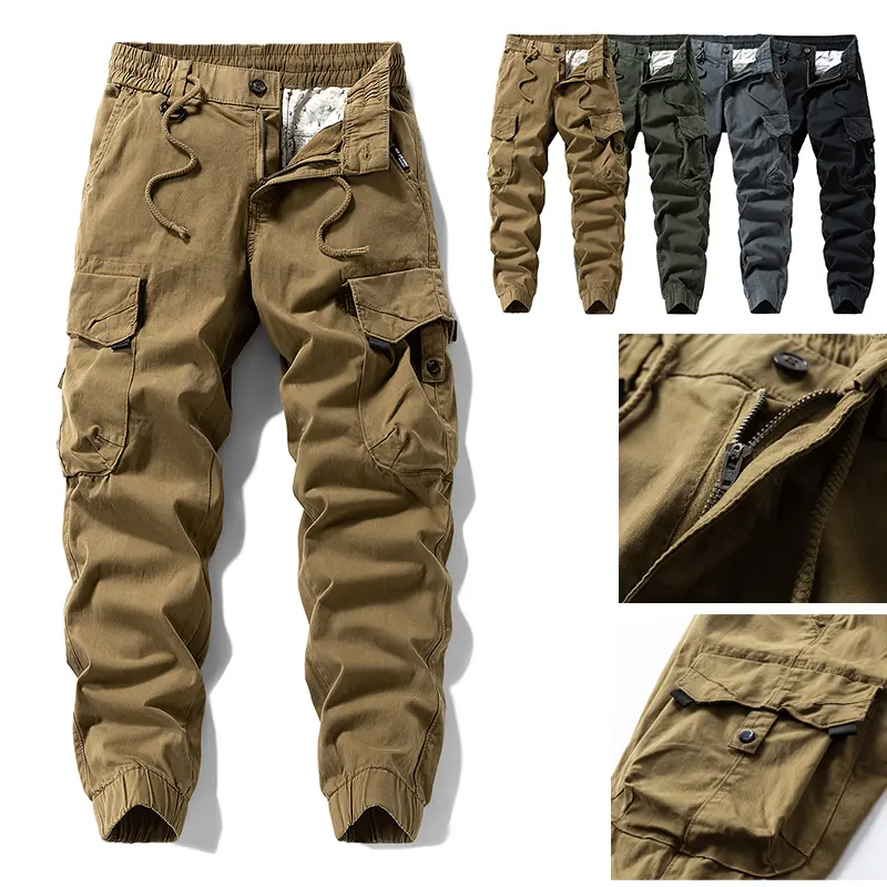 Vintage Tactical Cargo Jogger Pants Men Elastic Drawstring Waist Multi Flap Pockets Tapered Cuffed Utility Workwear Hiking Casual Street Trousers