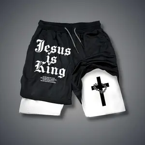 [Viral] Christian Clothing 80s 90s Double-Layer Sports Shorts Graphic Shorts Black Camo Streetwear Shorts Men Outfits Men Vacation Outfits Shorts