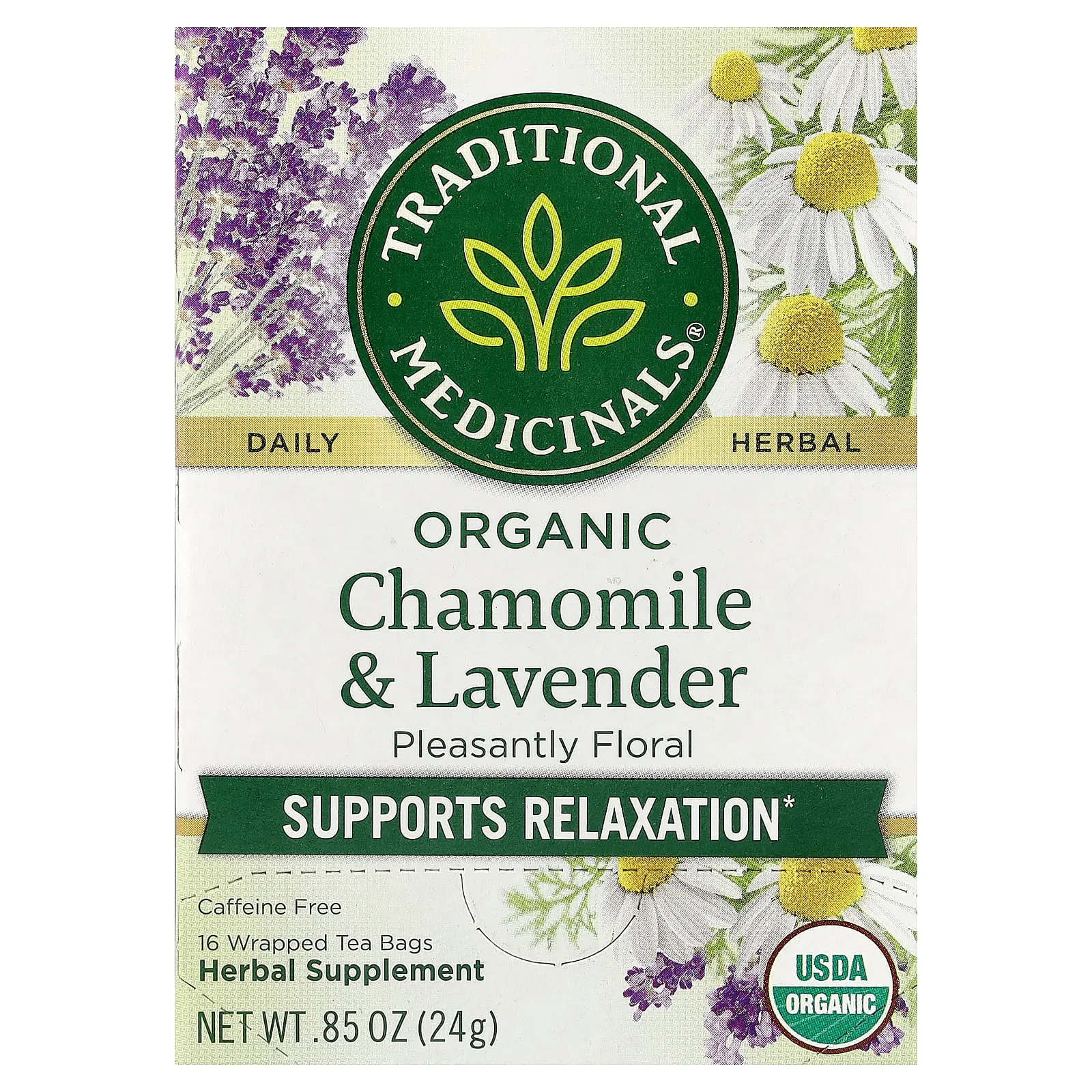 Traditional Medicinals Organic Chamomile & Lavender, Caffeine Free, 16 Wrapped Tea Bags, 0.85 oz (24 g)