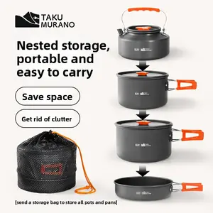 5-8 Person Camping Cookware Set – Nesting Aluminum Pot, Pan & Kettle – Foldable Handle, 3L Large Pot for Family Outdoor Hiking, Picnic, Car Camping