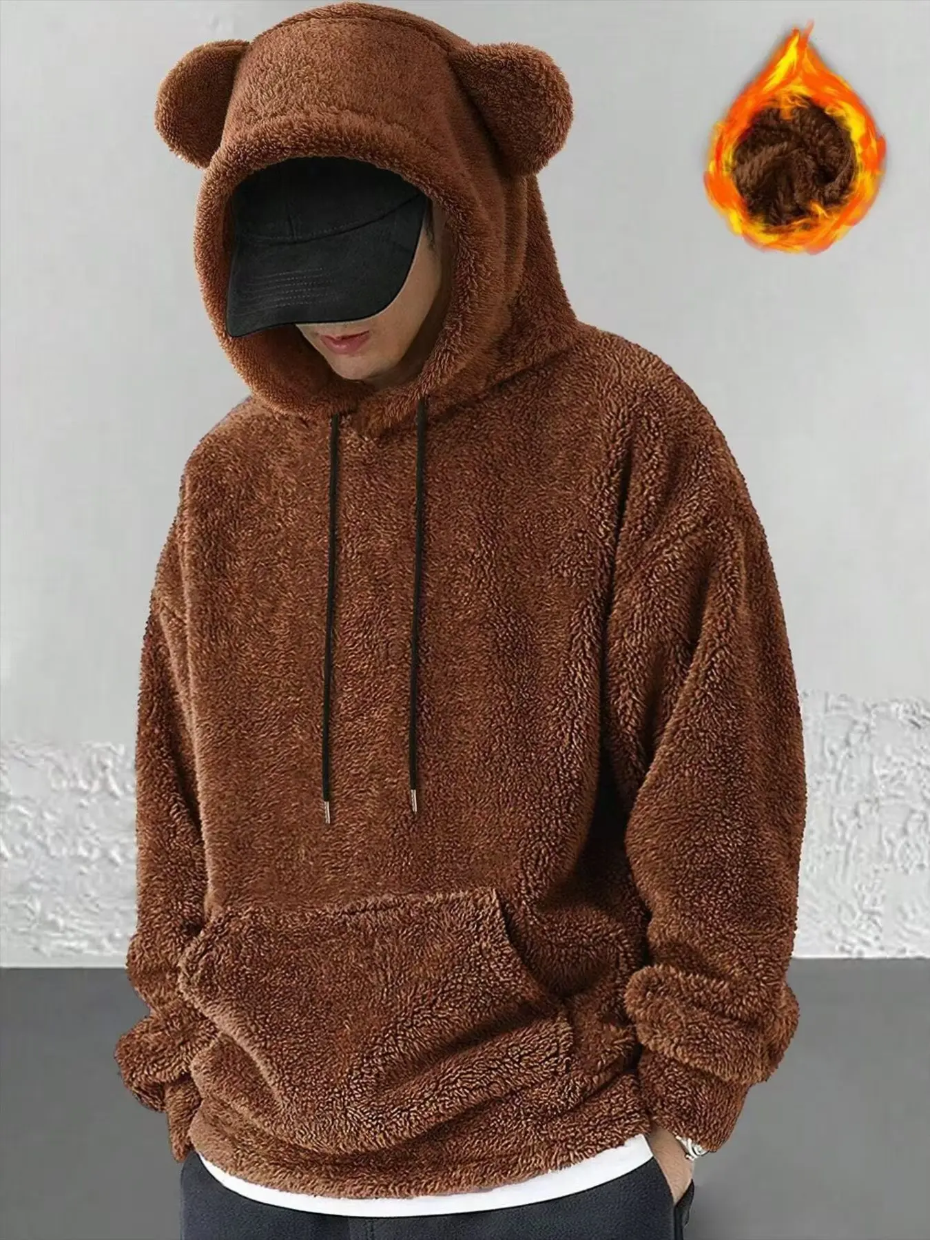 Men's & Couple Cozy Fall Winter, Soft Plush Fitted Knitted Long Sleeve Aesthetic Hoodie Pullover Sweatshirts with Cute Bear Ears Design, Large Pocket Warm Casual Wear for Home Leisure, Comfy Sweatshirt, Menswear