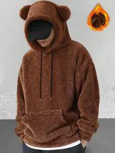 Men's & Couple Cozy Fall Winter, Soft Plush Fitted Knitted Long Sleeve Hoodie Sweatshirts with Cute Bear Ears Design, Large Pocket Warm Casual Wear for Home Leisure, Menswear