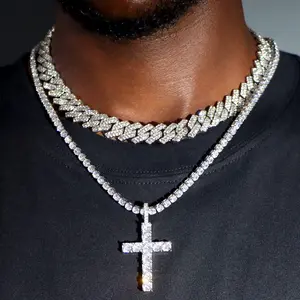 LUXJELWEL - Hip Hop 2pcs Cross Tennis Chain 14MM Prong Cuban Necklace For Men Women Iced Out 2 Row Cuban Link Chain Necklaces Couple Jewelry