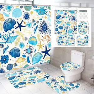 4pcs Nautical Ocean-Theme Bathroom Decor Set, 4-Piece Ensemble Featuring Vibrant Seashell & Starfish Motifs, Includes Shower Curtain, Toilet Seat Cover, and Bath Mats, The floor mat fabric is thicker and softer! for a Cheerful Beach Theme in Your Space