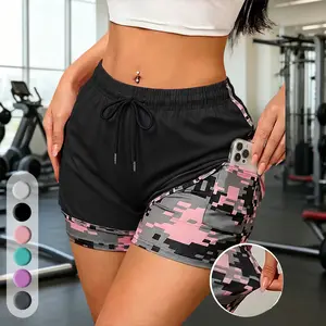 Women’s summer fashion faux two-piece camouflage patchwork 3-inch inseam shorts with a drawstring waist and an inner high-stretch band with hidden pockets—suitable for stylish summer outfits, casual outings, and sports.