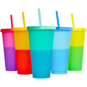 Color Changing Cups 5 Pack 24oz Plastic Tumblers Reusable Iced Coffee Smoothie Cups with Lids Straws for Parties Travel Plain Design