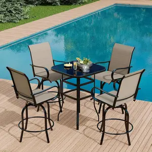 5 Piece Outdoor High Top Bar Set, 5 Pieces Outdoor Swivel Bar Set with 4 Swivel Chairs and Glass Top Table, All Weather Textile Fabric Outdoor Bar Height Chairs and Table Set of 5 for Deck, Backyard