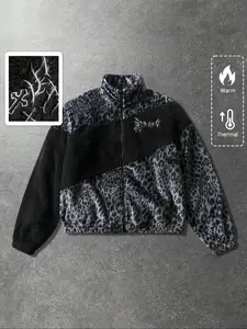 Men's Leopard Print Patchwork Jacket Coat, Casual Wear Coat, Fall & Winter Fleece Lined Thickened, Casual Loose-Fitting Long Sleeve, Unisex Style