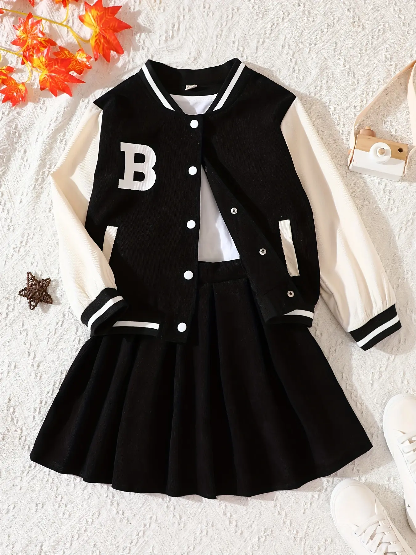 Girls' 2-Piece Long Sleeve Baseball Jacket & Pleated Skirt Set, Letter B Print Corduroy School Style Casual Clothing Fashion Clothes Set, Matching Outfit Set Fashion Style Sets Spring Fall
