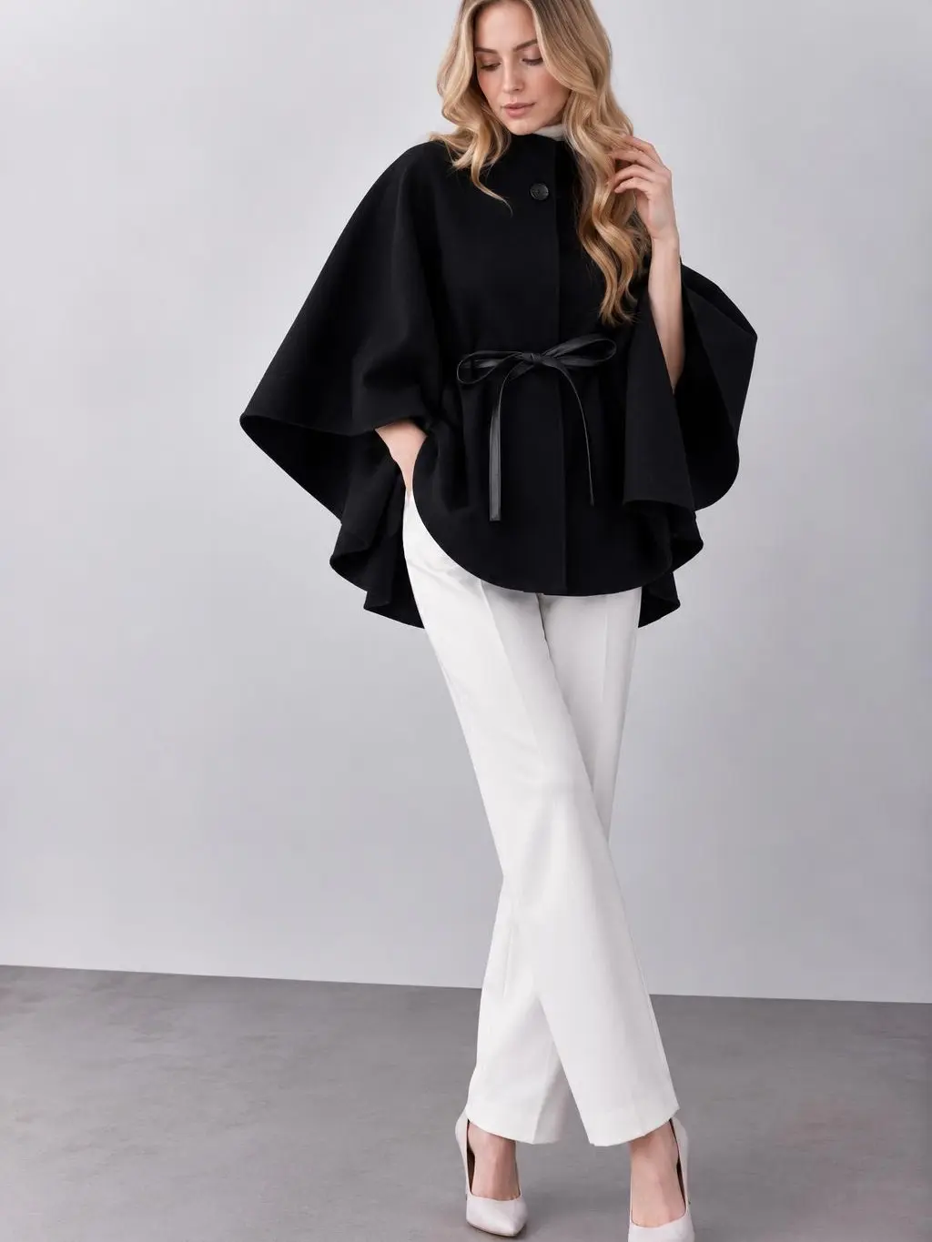 Women’s One Size Structured Funnel Neck Faux Leather Belted Cape Coat - Adjustable, Blends Modern Edge Statement Outerwear with Flared Sleeves for Fall Winter