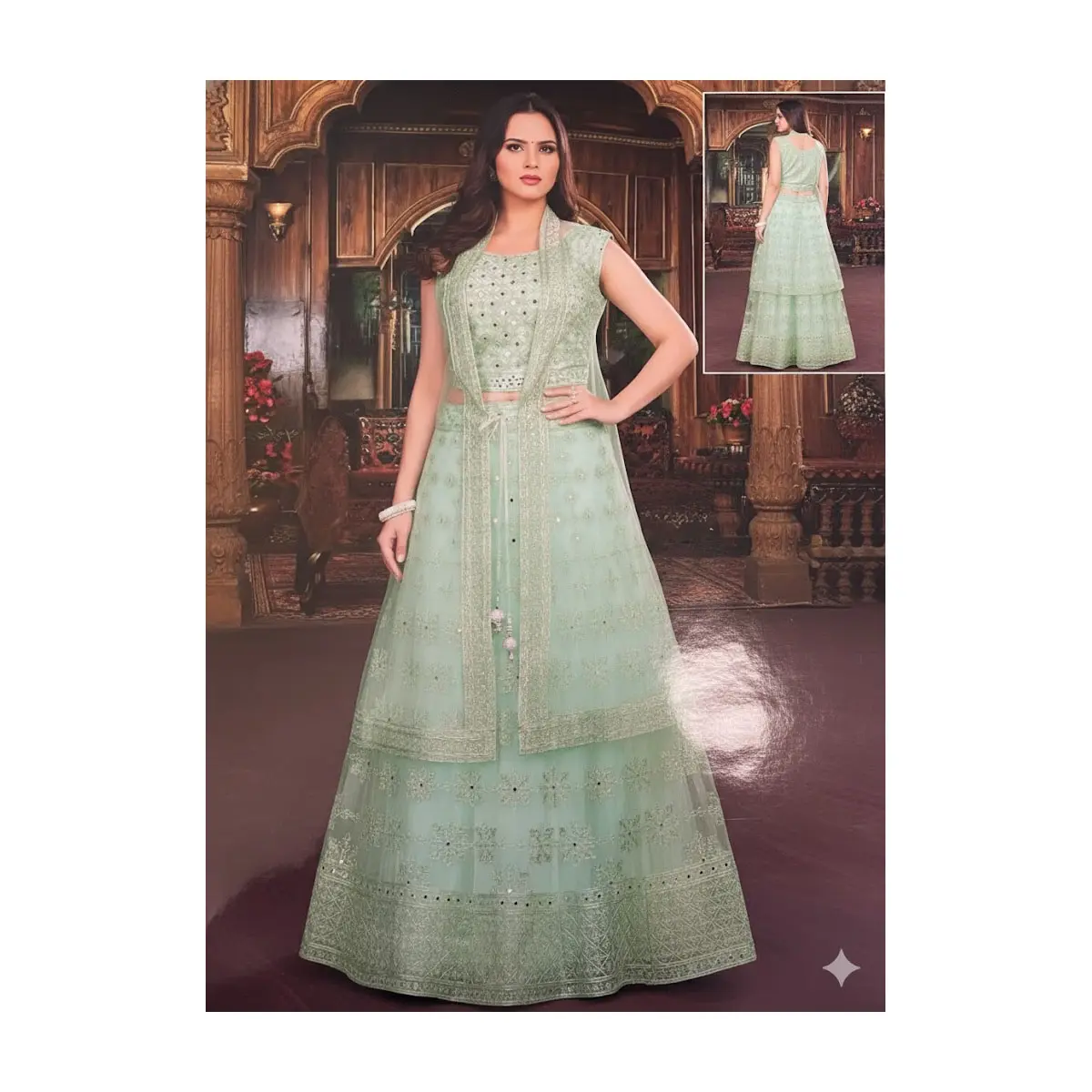 Mint Green all-over tone-on-tone  Embroidered 3-piece set: crop top  Art Silk or Raw Silk, flared lehenga skirt, and Net or Tulle  open-front long jacket with tassel tie Lehenga Set – Crop Top + Long Jacket