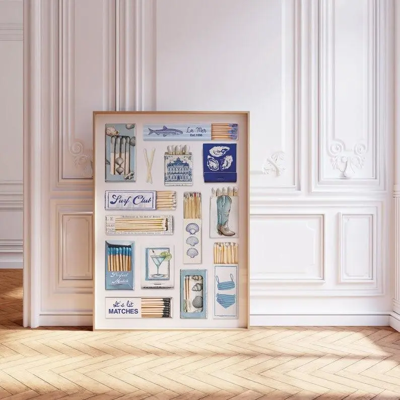 Vintage Matchbox Print, Trendy Matches Poster, Retro Matchbook Wall Art, Funky Blue Aesthetic Print For Apartment