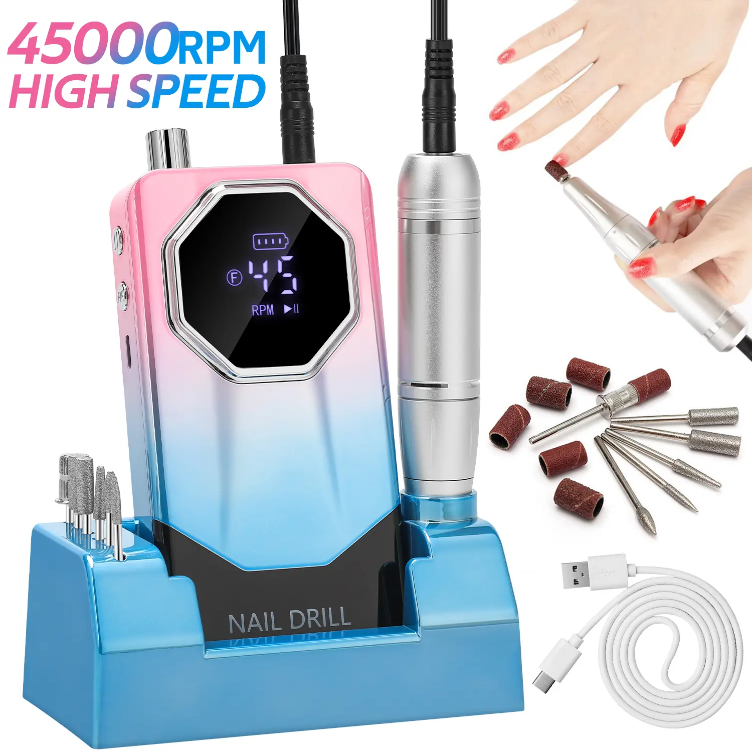 45000RPM Electric Nail Drill Machine With LCD Display Low Noise Rechargeable Manicure Machine For Polishing Gel Nail Polish
