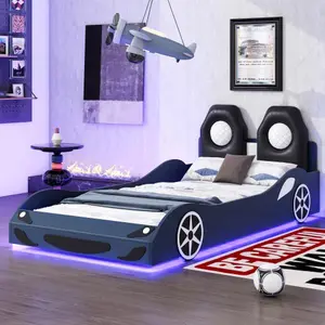 Twin Size Platform Bed with LED and Upholstered Backrest, Wood Car-Shaped Bed Frame with Sturdy Slats, No Box Spring Needed