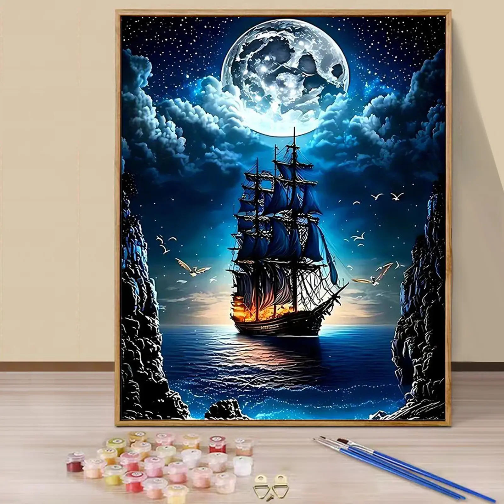 Paint By Numbers Kit for Adults Beginners - 16x20in/40x50cm Color Canvas, Easy DIY Moonlit voyage Acrylic Painting Set - Diy Decorative Painting Art Painting Kit - DIY Painting Supplies - Wall Decor for Living Room and Bedroom, Without Frame