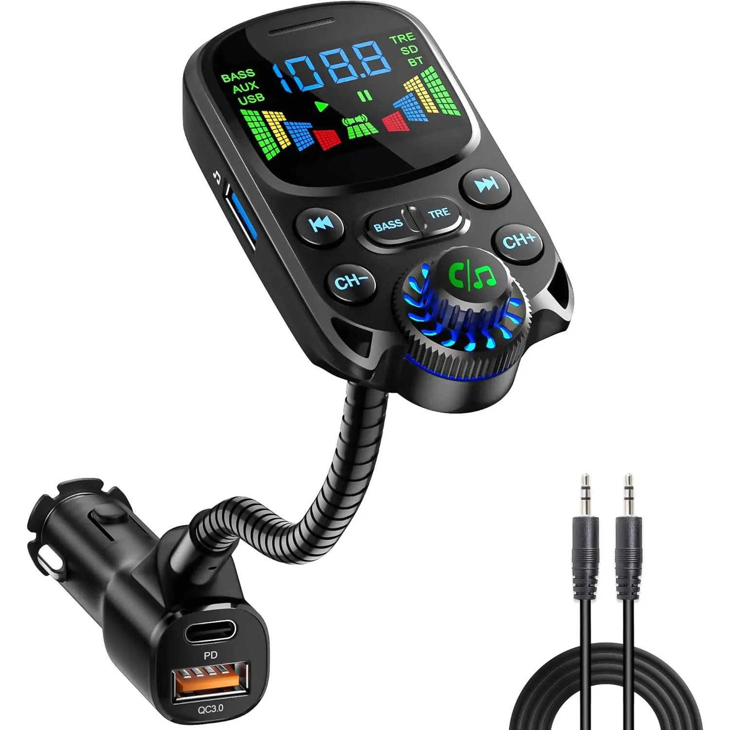 5.3 FM Transmitter for     Adapter PD30W & USB Port Fast Charge, HiFi Treble & Bass Player, 1.6" Display Hands-Free Calling  Radio with AUX Input/Output, TF Card