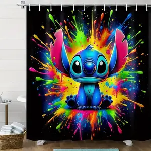 DISNEY CLASSIC Stitch Shower Curtain with Hooks - Vibrant Colorful Paint Splatter Design, Durable Polyester Fabric, Bathroom Home Decor for Bathtub & Window, Playful Character Design, Easyinstall Features, waterproof