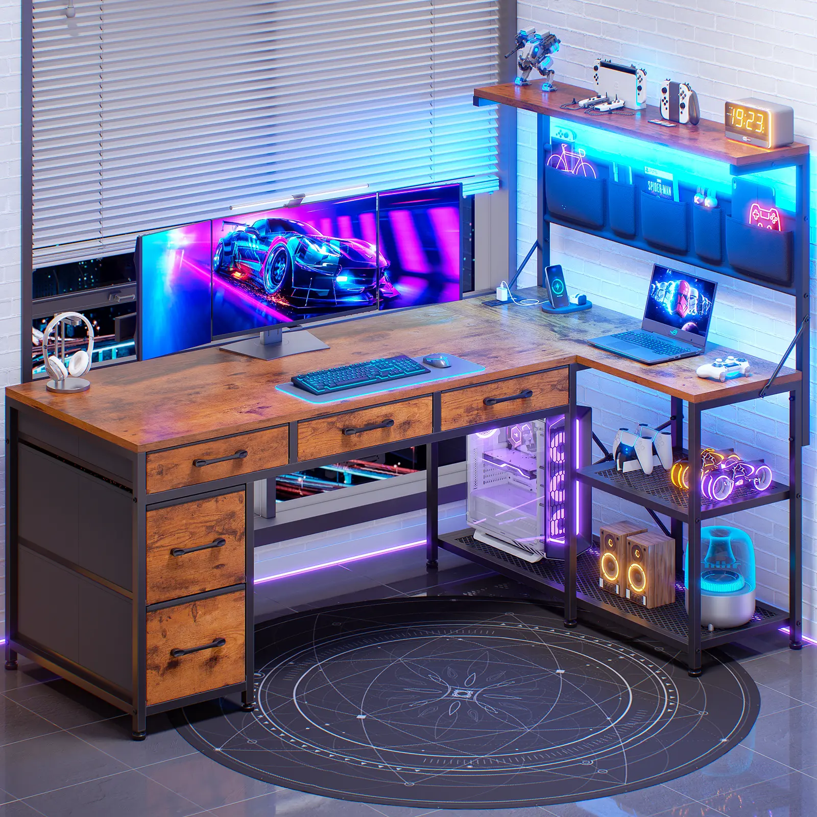 Sedeta 47-in Modern L-Shape Corner Gamer Desk - 120x45cm Shaped Computer Table, Rustic Office Furniture, Sturdy Base, Drawers, LED Lighting, Gaming Organization Solution, Shaped Desk