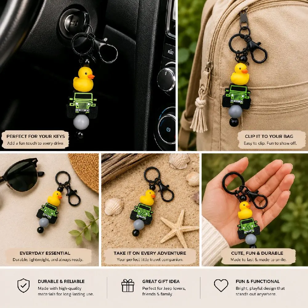 Green and Grey Bead with Duck & 4x4 Beaded Keychain | Cute 4x4 Lover Accessory | Handmade Silicone Bead Key Ring