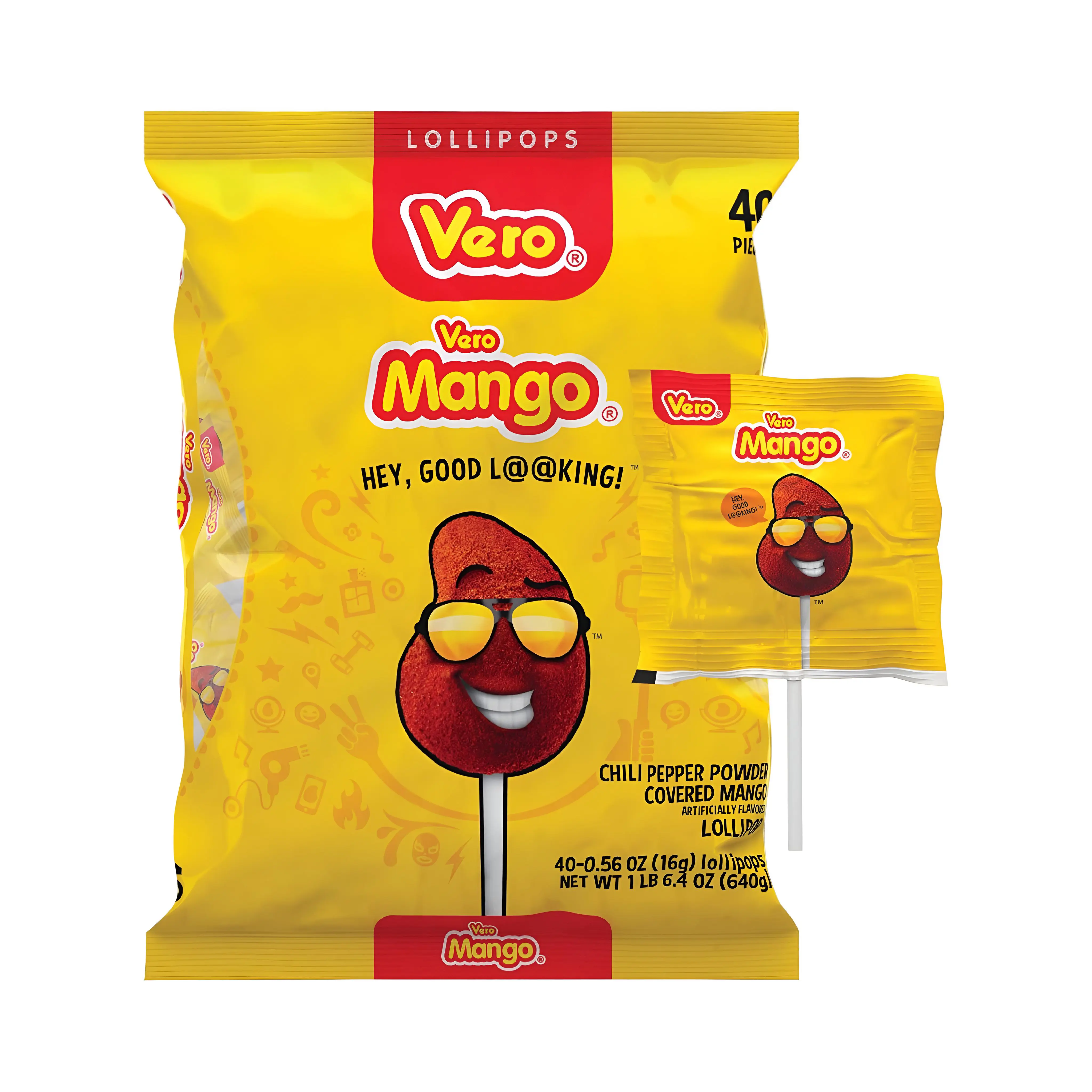 Vero Mango Flavored Lollipops with Chili Powder Coating (40 Count) Sweet, Spicy Snack Candy Bonbon Mangga, Dulces Mexicanos