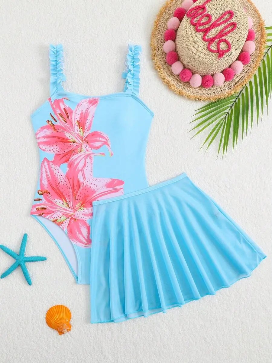 SOLARA Girls' Floral Print 2 Pieces Swimsuit With Mesh Skirt,Cute Aqua Blue One Piece Bathing Suit,Summer Beach Vacation Holiday Hawaii Resort Wear Outfits