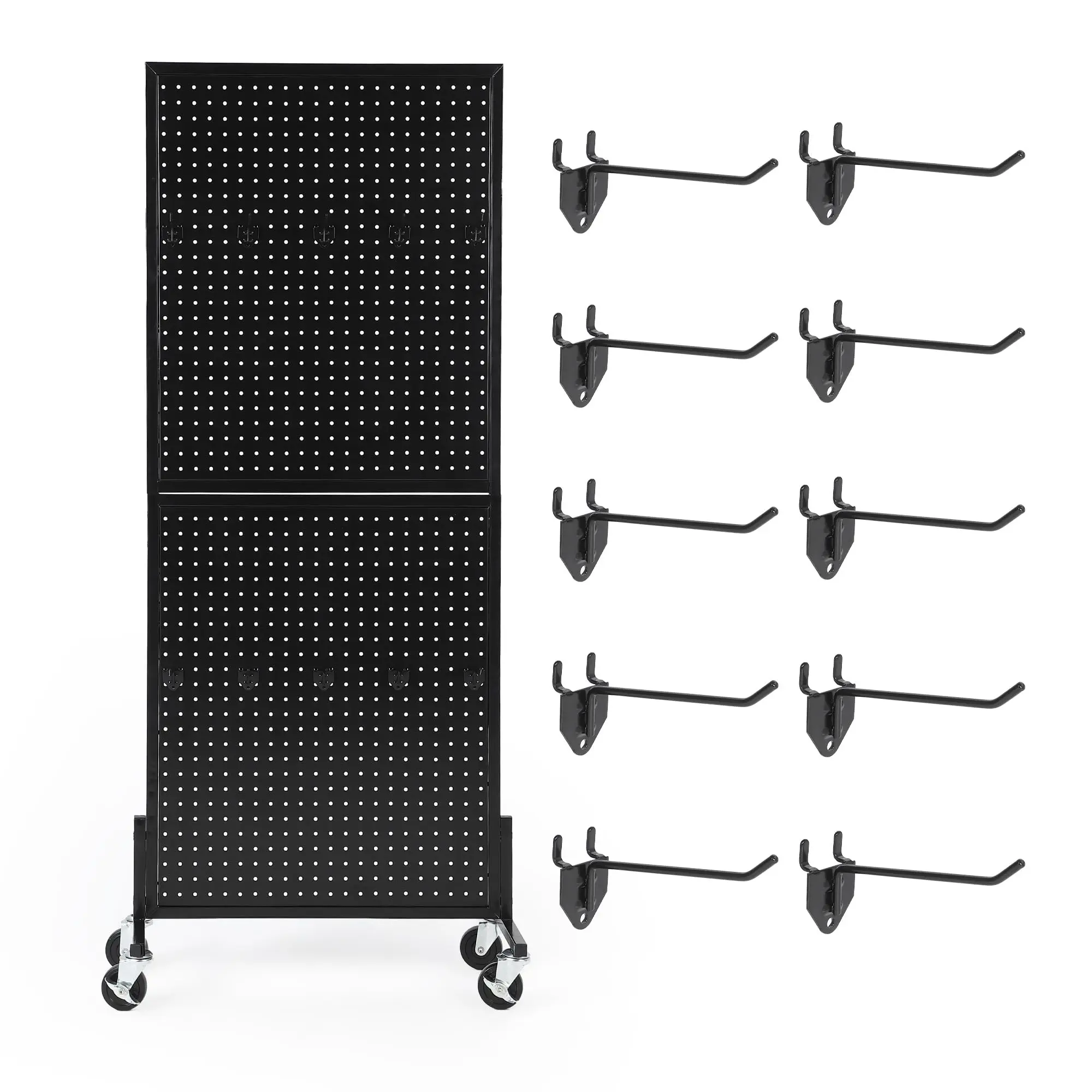 Garvee 2'X5' Steel Expandable Standing Pegboard Display with 10 Hooks, Metal Peg Board Rack with Heavy-Duty T-Base & Wheel, Adjustable Floor Organizer for Retail, Tool Shop (Black)