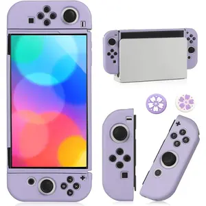 X-PCS20  Switch OLED Case for Nintendo Switch OLED Model, Dockable Cover Soft TPU Protector Case for Switch OLED Grips & Console and Accessories with 2 Pcs Thumb Caps, Purple