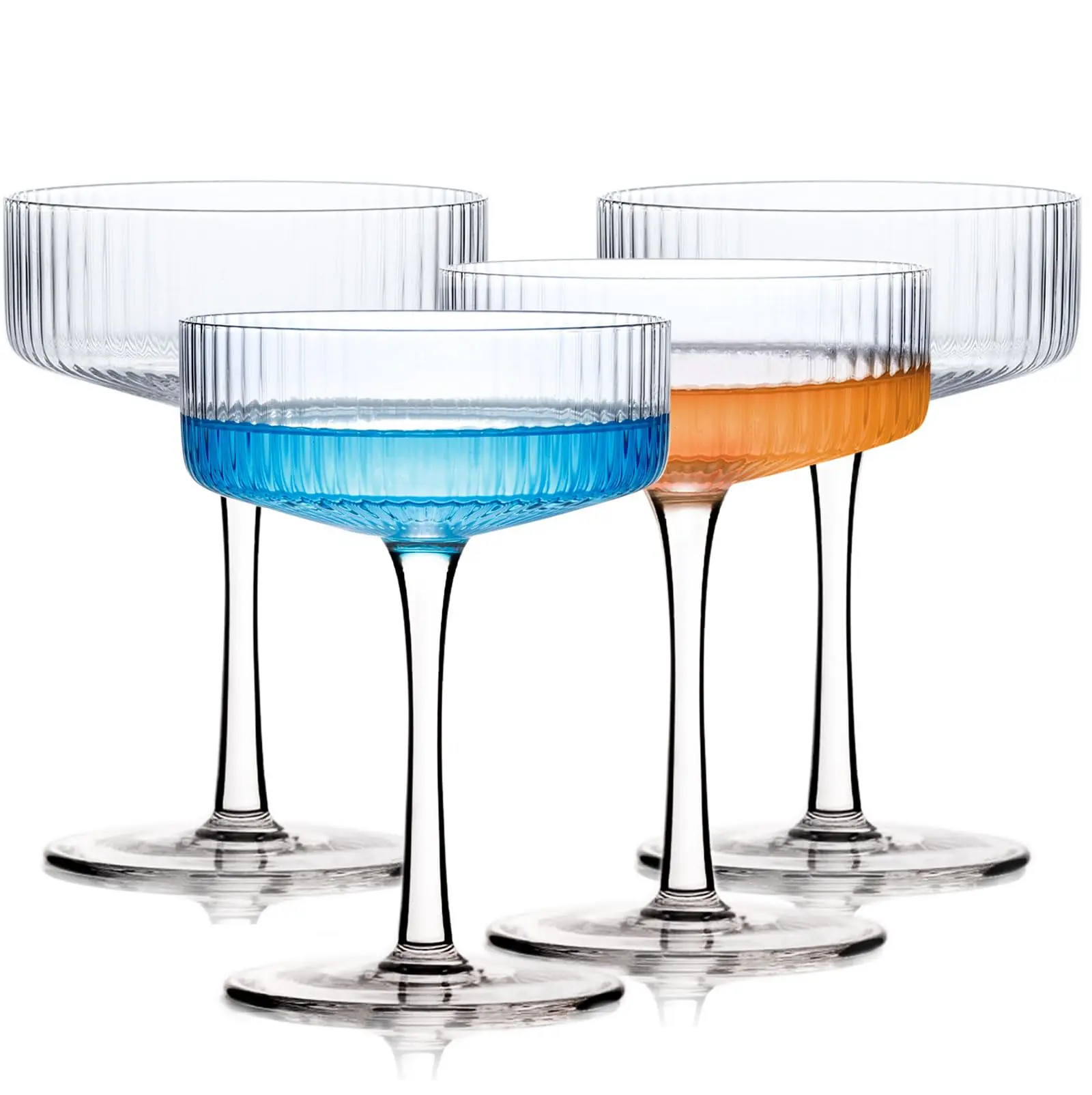 Vintage Ribbed Coupe Glasses Set of 4, 9 oz Handblown Martini Glass - Bar Drinking Glass Set Prefer for Cocktail, Espresso, Manhattan, Party & Gift Drinkware