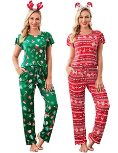 Ekouaer Christmas print two-piece women's Christmas pajamas  with short sleeves and pocket pants Christmas pajamas casual wear set