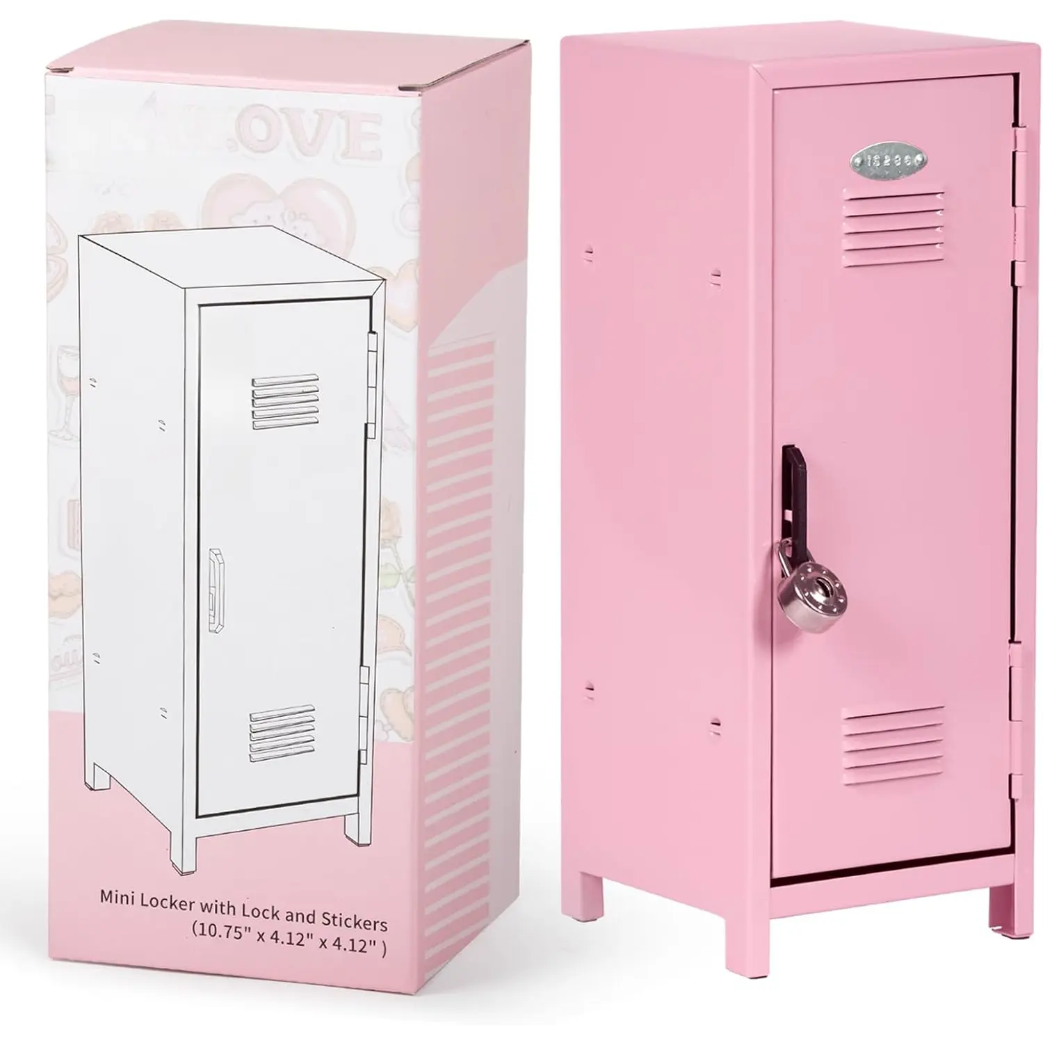 Mini Locker with Lock & , Stickers, Metal Small Locker for Desktop, Girls Lockbox Desktop Storage Organizer,  Safe and  Lock Box for Girls Safe, Pink