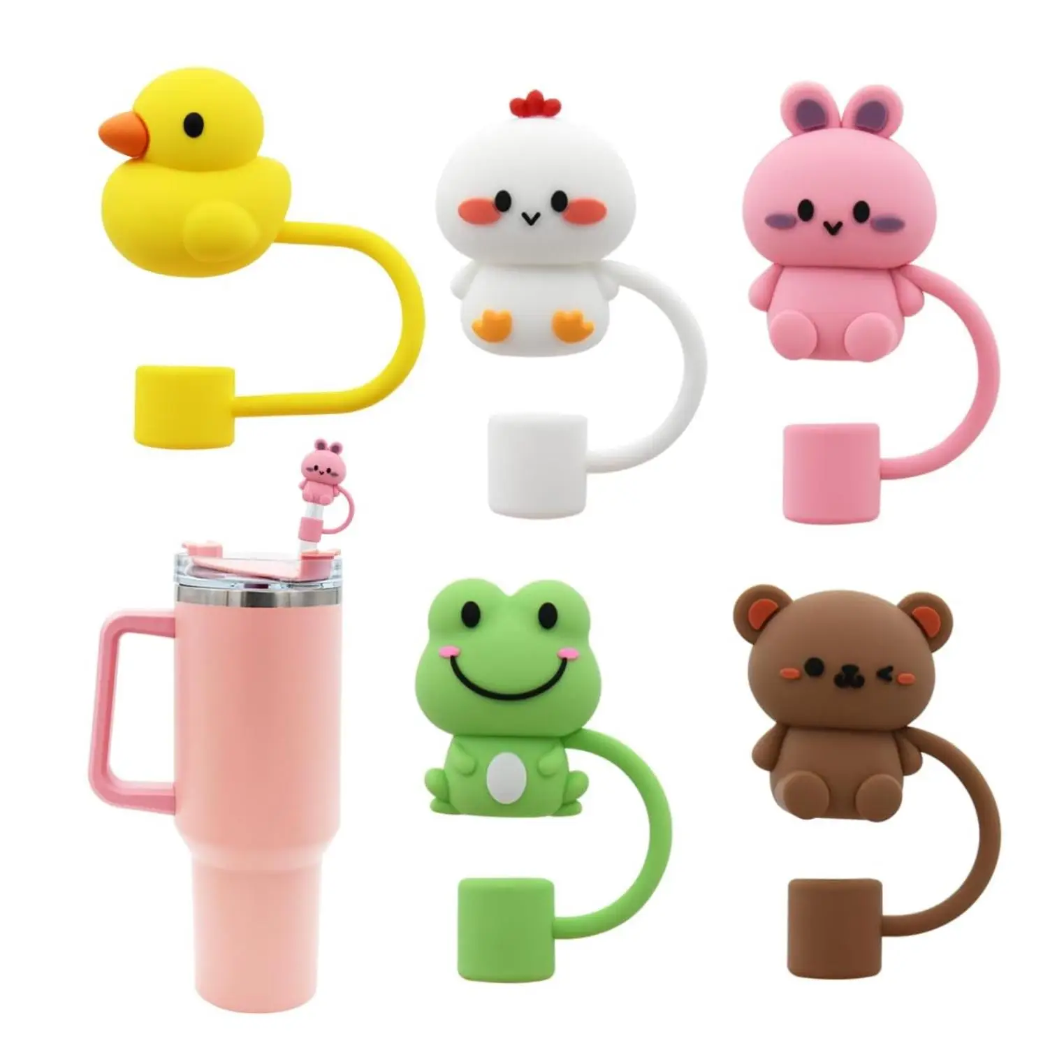 Silicone Straw Lid, 4/5 Counts Cute Cartoon Design Straw Lid, Reusable Straw Lid for Tumbler Cup, Drinkware Accessories
