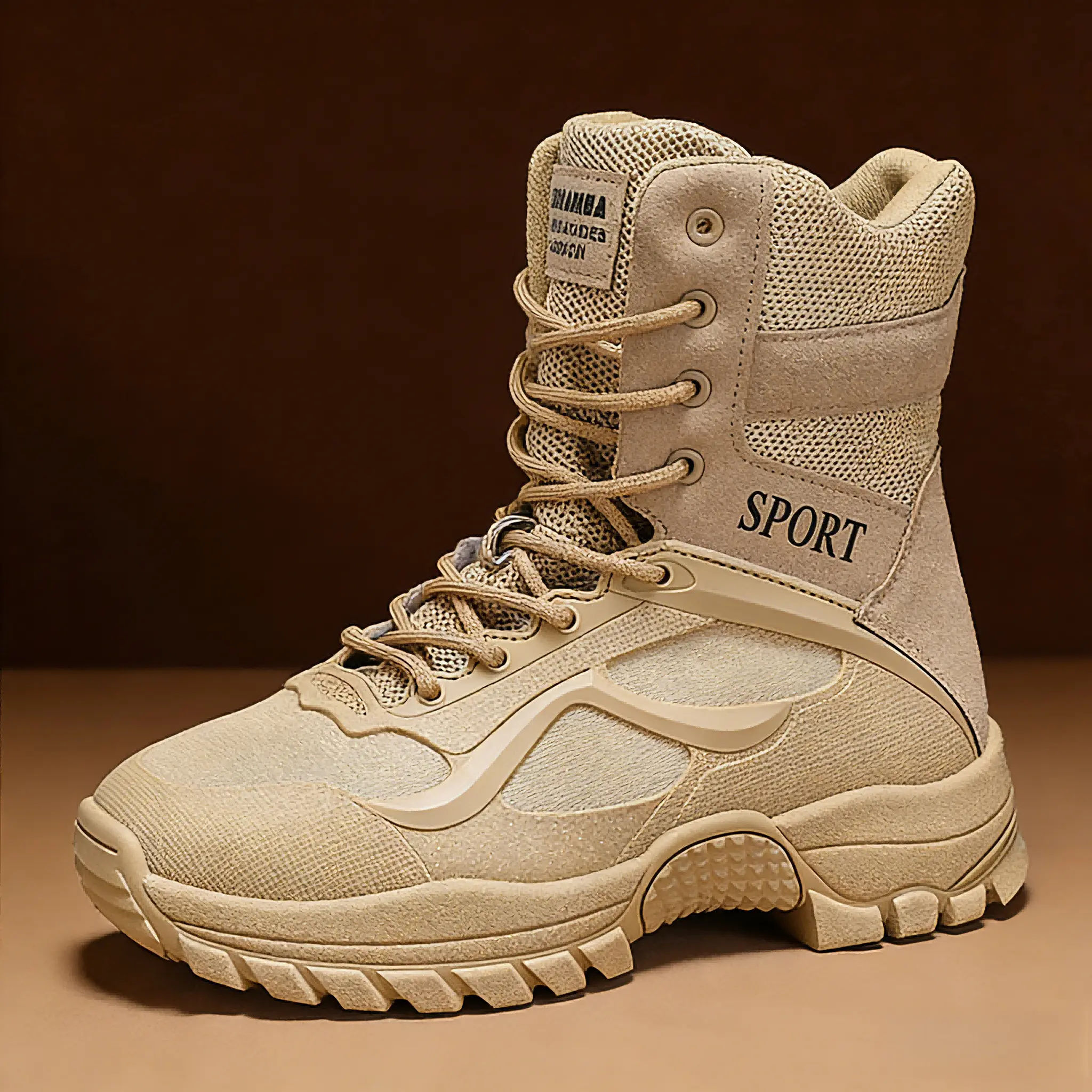 High-top security boots, black Oxford cloth mesh lining, synthetic leather upper, PU rubber outsole, suitable for men's outdoor activities and security work.