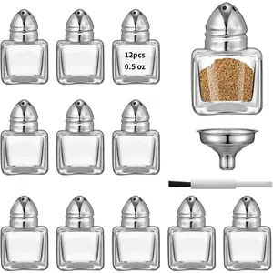 12 Pcs 0.5 oz Cube Shape Small Salt and Pepper Shakers with Tone Tops Clear Mini Glass Seasoning Jars Spice Salt Shakers with Funnel for Wedding Party Restaurant Home Kitchen (12, Silver)