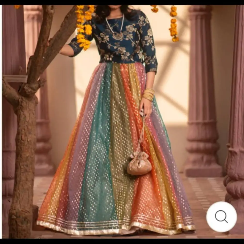 Women's Gorgeous 3-Piece Lehenga Choli Festive Wear Set - Multi-Color Zarin Organza Fabric, Fitted Brocade Blouse, Matching Silver & Golden Gotta Trim Shawl, 44-46 in Overall Basic Costumes & Accessories, Woven