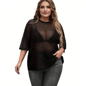 Plus Size Glitter Sheer Mesh Tops for Women Summer Black See Through T Shirt 2026 Sparkly Sexy Country Concert Outfits ladies