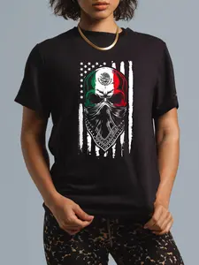 Men's 100% Cotton Casual Short-Sleeve Vintage Distressed Graphic T-Shirt - Unisex Skull, Patriotic Mexican American Aztec Day of the Dead Design
