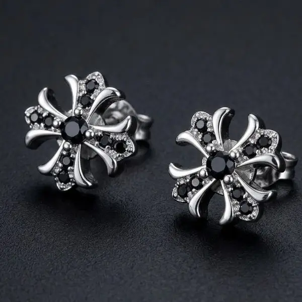 Black & White / Silver Tone Gothic Cross Stud Earrings Cubic Zirconia Punk Hip Hop Vintage Jewelry for Men Women Gift