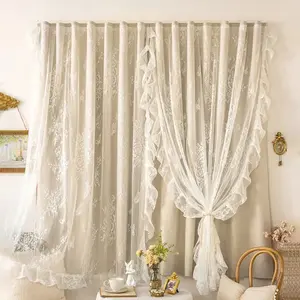 Double Layer Lace Blackout Curtains, Soft Sheer + Silk, No Drilling Magic Tape, Light Blocking, French Pattern, Bedroom & Living Room