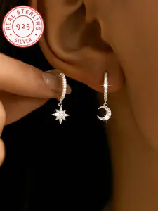 925 Sterling Silver Star & Moon Design Earrings, Unique Design Earrings with Zircon Stones, Fashion Jewelry Accessories for Women & Girls